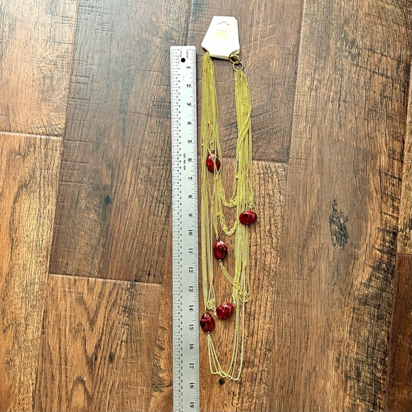 AMRITA SINGH 18K gold plated multi brass chain necklace, synthetic rubies, NWT - Picture 3 of 8